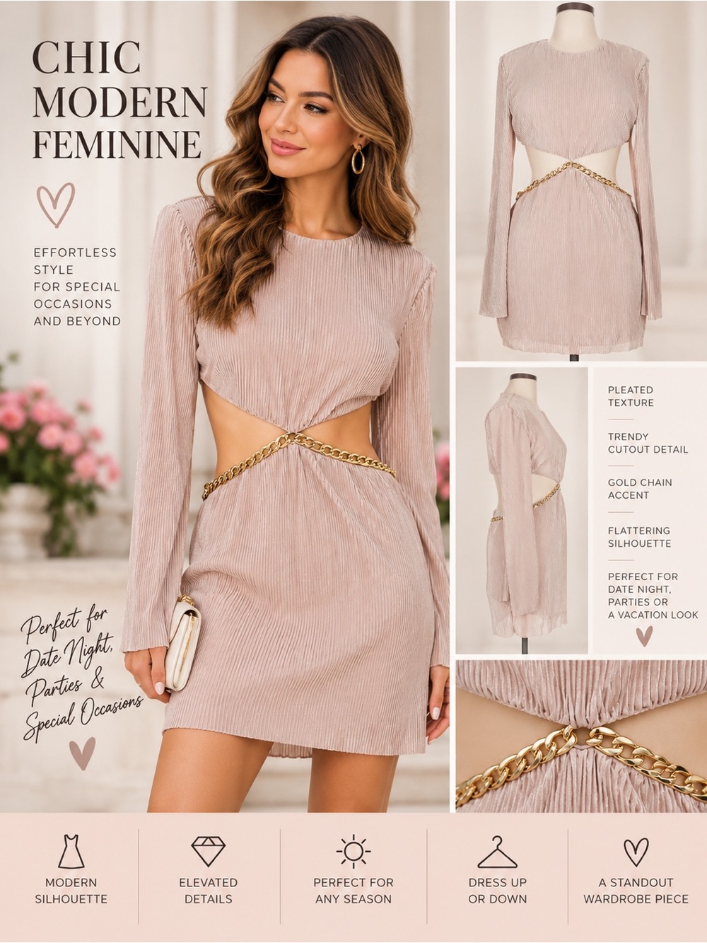 Sweet Lemon Cutout Mini Dress L Blush Pink Pleated Gold Chain Party Date Night